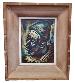 Umberto Romano Associated American Artists Label WPA Era Social Realist Clown Portrait Painting Vint