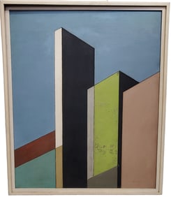 Max Bailey 1953 California Hardedge 31x25 Inch Abstract Painting Architectonic Building Structures M