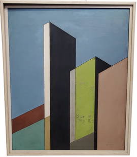 Max Bailey 1953 California Hardedge 31x25 Inch Abstract Painting Architectonic Building Structures M: Described By:Michelle CNX VX 0254 0612 Title:Max Bailey 1953 California Hardedge 31x25 Inch Abstract Painting Architectonic Building Structures MCM Modernist Description: Max Bailey 1953 California Ha
