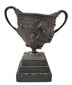 Bronze High Relief Renaissance Greek Roman or Grand Tour Handled Cup Old Label 7in Estate Find