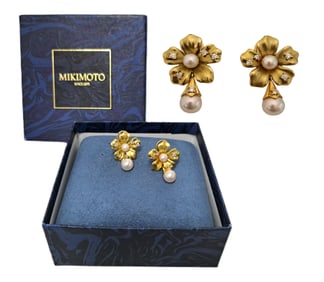 Mikimoto Cultured Pearl Floral 18K Gold Fine Diamond Dangle Earrings Boutique Only