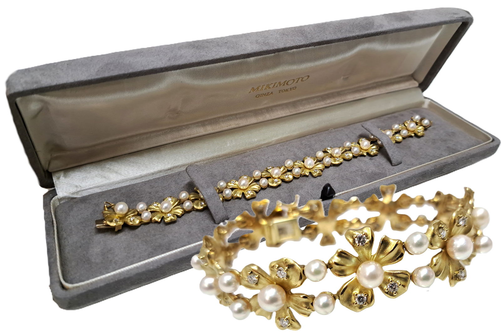18K Gold Mikimoto Boutique Exclusive Vintage Floral Motif Cultured Pearl Diamond Bracelet (1 of 3)