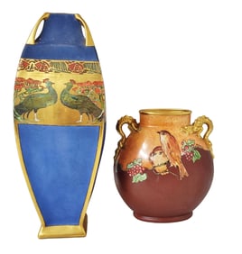 Hand Painted Porcelain Vase Lot of 2 JPL Limoges France Wellensiek Birds Peacock Austria