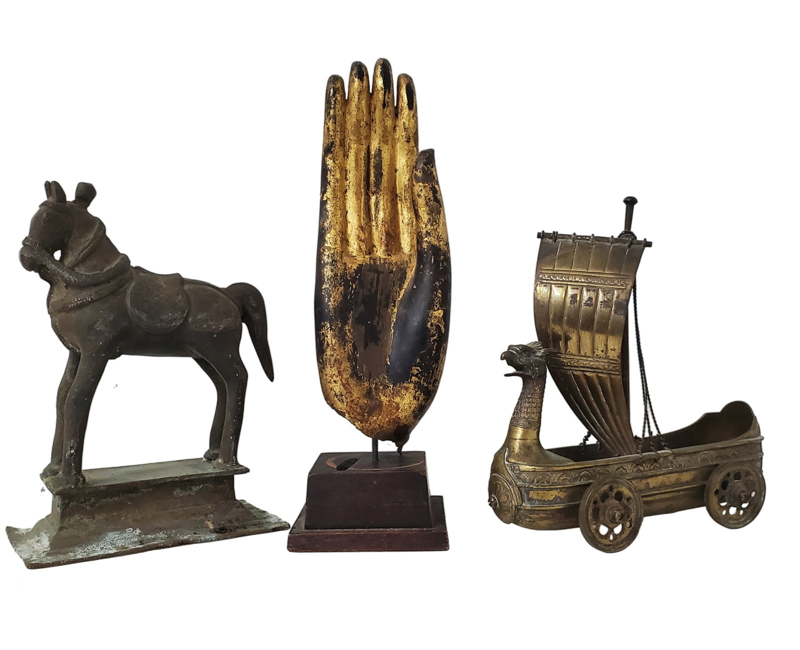 Gilt Brass Or Bronze Nef Victorian Grand Tour Manner Of Talbot for Cox Antiquity Boat Plus Gilt Budd: Described By:Michelle CNX VX 0254 0641 Title: Gilt Brass Or Bronze Nef Victorian Grand Tour Manner Of Talbot for Cox Antiquity Boat Plus Gilt Buddhist Hand and Antique Metal Horse Description:Gilt Bra