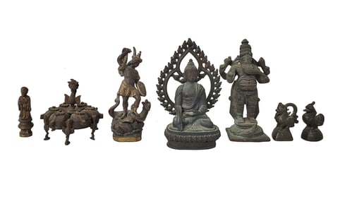 Asian Bronze Etc Discovery Lot 7 Statues Figures Signed Bronze Buddha Indian Ganesh Sculpture Saint