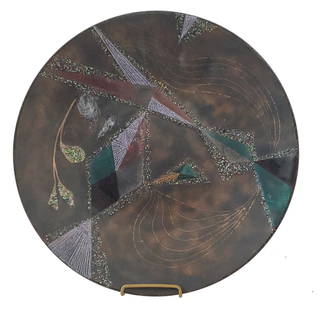 Zern or Zerm Enamel Plate Kay Whitcomb Manner Enamel Metal MCM Abstract Plants 10in: Described By:Michelle CNX VX 0254 0640 Title: Zern or Zerm Enamel Plate Kay Whitcomb Manner Enamel Metal MCM Abstract Plants 10in Description:Zern Or Zerm Enamel Plate Kay Whitcomb Manner Enamel Metal
