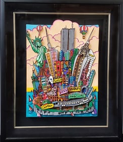 Charles Fazzino Early Orig Canvas Painting NYC New York Manhattan 3D Pop Art Collage COA