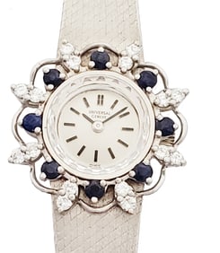 Near Mint Universal Geneve Large Nat Diamond Sapphire 14k White Gold Ladies Mid Century Cocktail Wat