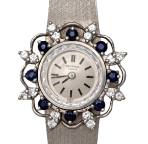 Near Mint Universal Geneve Large Nat Diamond Sapphire 14k White Gold Ladies Mid Century Cocktail Wat
