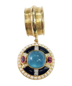 Rare One of a Kind George Schuler 18k Gold Aquamarine Pink Tourmaline Diamond Enamel Locket Pendant