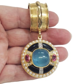 Rare One of a Kind George Schuler 18k Gold Aquamarine Tourmaline Diamond Enamel Locket Pendant 67.8g