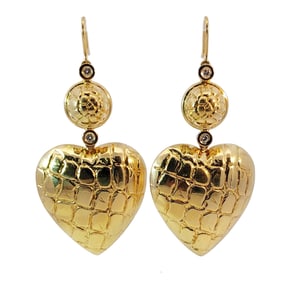 18k Yellow Gold Gucci Fine Diamond Puffed Heart Large Size Dangle Earrings 30.5 Grams
