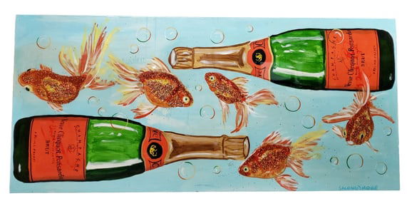 Giant 36x80in Sarah Ashley Longshore Fish Champagne Series Painting Acrylic Glitter Panel