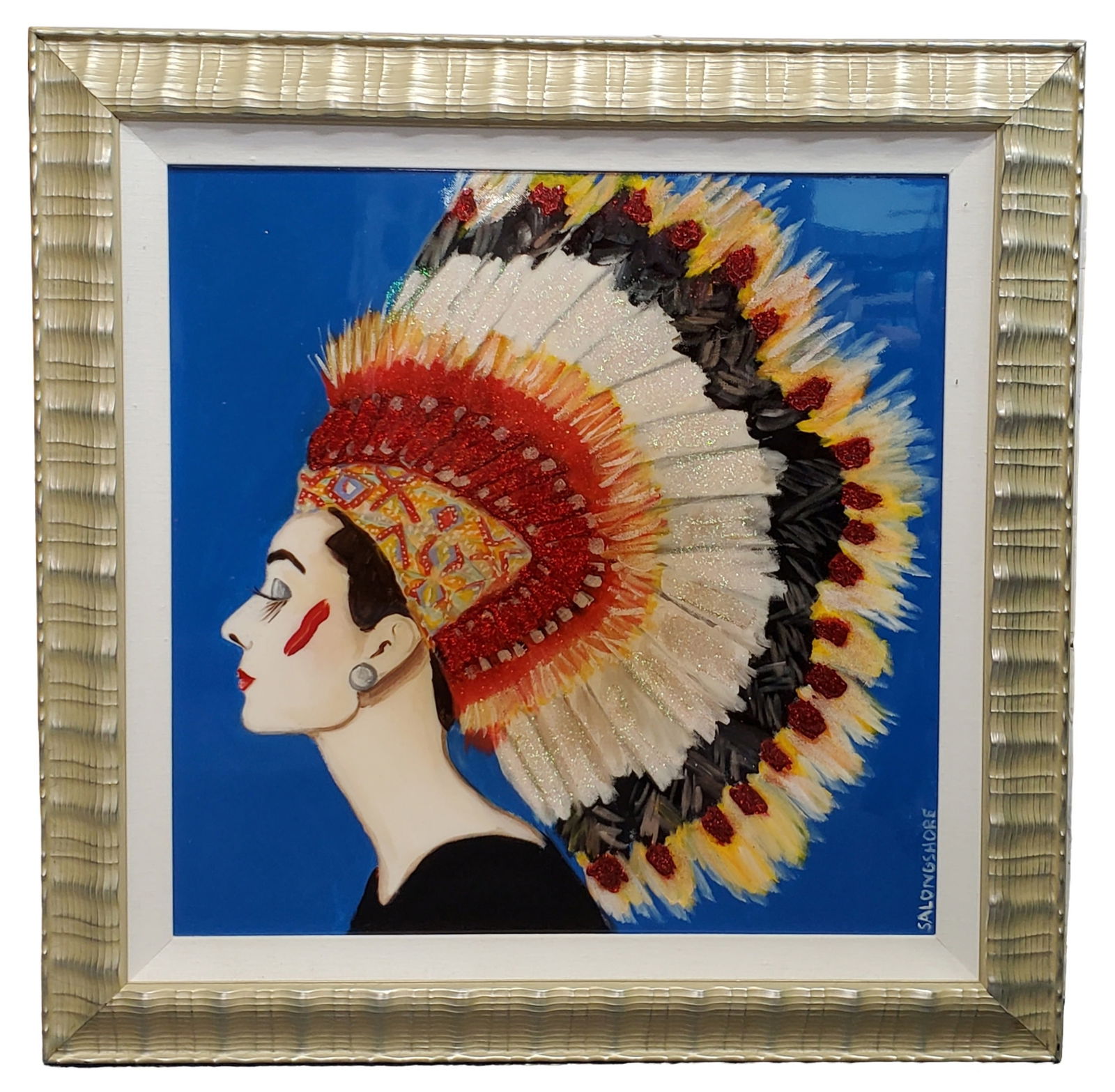 Sarah Ashley Longshore Audrey Hepburn Native American Headdress Acrylic Glitter Painting (1 of 6)