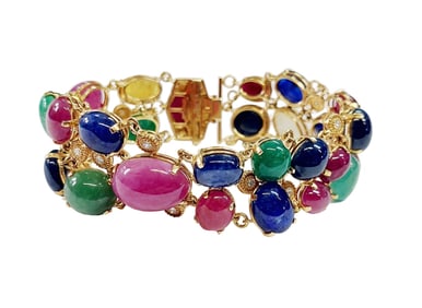 Long One-Of-A-Kind FLATO 200ctw Natural Ruby Sapphire Emerald Fine Diamond 18K Gold Unique Bracelet