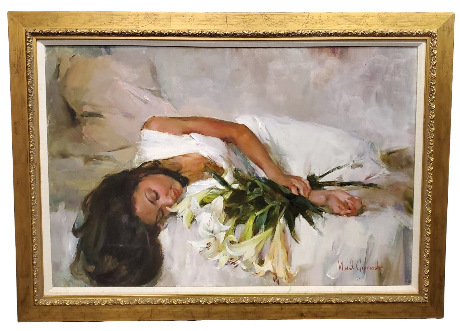 Michael & Iness Garmash Lily Bouquet Intimate Young Woman Portrait 24x36in: Described By:Michelle CNX VX 0251 0595 Title:Michael & Iness Garmash Lily Bouquet Intimate Young Woman Portrait 24x36in Description: Michael & Iness Garmash Lily Bouquet Intimate Young Woman Portrait 