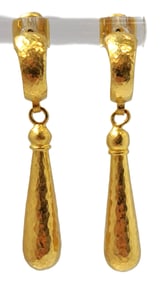 Unusual Gurhan Designer Signed 24k Pure Solid Gold Hand Hammered Ladies Dangle Drop Earrings 11.3g