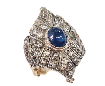 Large 3.75ct Natural Sapphire Cabochon Rose Cut Diamond 18K Gold Ring