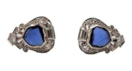 Unusual GIA Natural Sapphire Fine Diamond Platinum Clip On Earrings