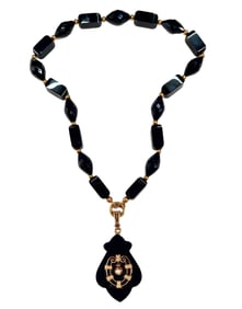 Exquisite Civil War Era Black Enamel Onyx 14k Gold Seed Pearl Locket Pocket Watch Chain Necklace
