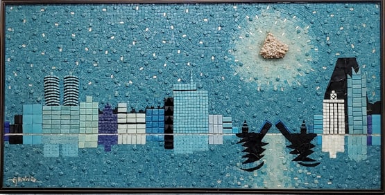 Genaro Alvarez Mid Century Modern Glass Tile Mosaic City Skyline Wall Hanging 2x4ft
