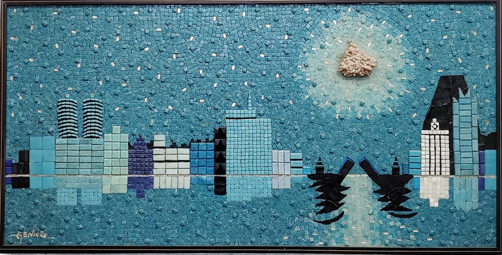 Genaro Alvarez Mid Century Modern Glass Tile Mosaic City Skyline Wall Hanging 2x4ft (1 of 9)