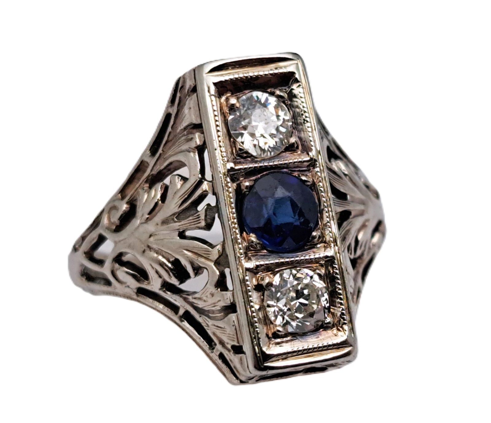 Very Art Deco 14k White Gold Natural Sapphire Fine Old Euro Diamond Filigree Ring (1 of 6)
