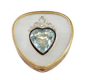 Antique 18k Gold 19ct Heart Cut Aquamarine Diamond Belle Epoque Trinket What Not Box