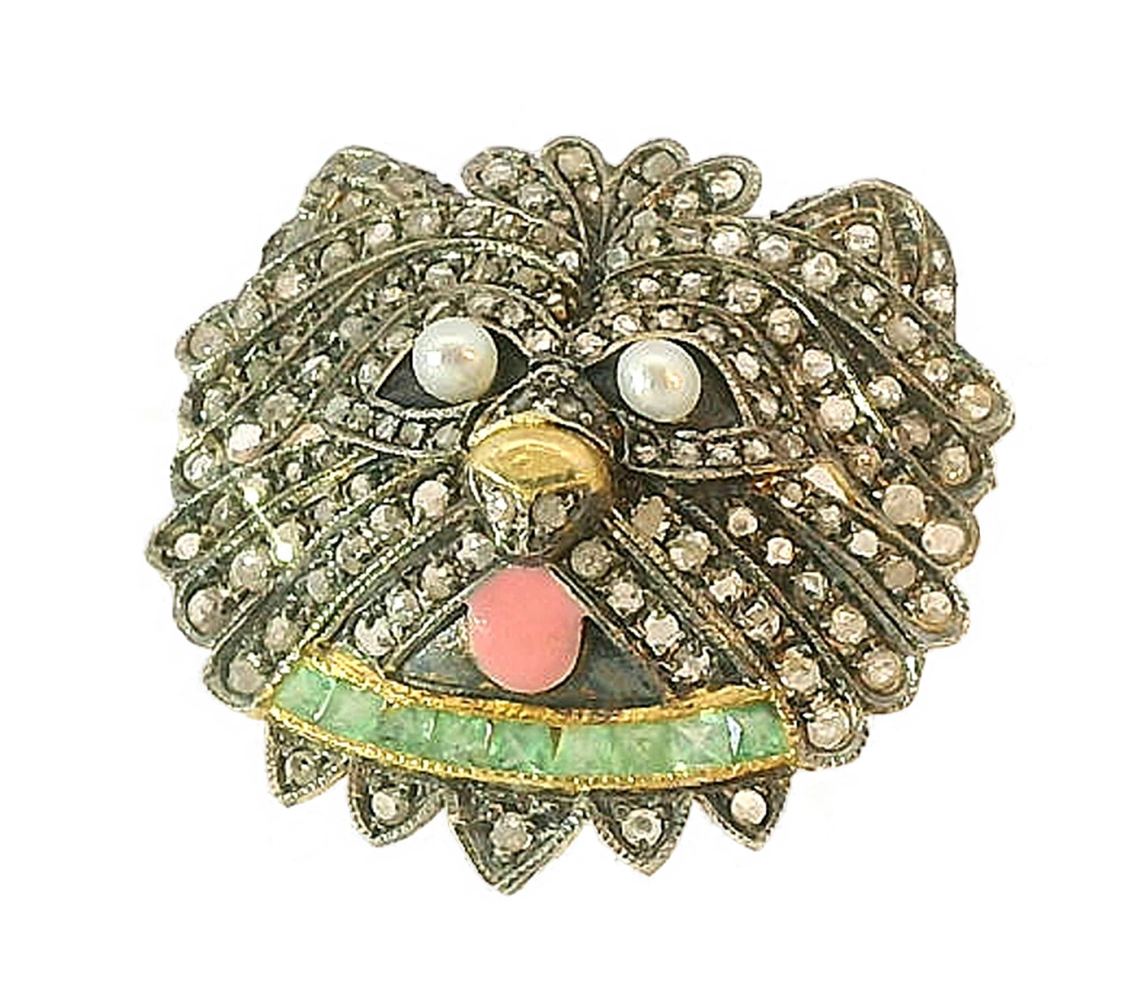 Rose Cut Diamond Natural Emerald Pearl Eyed Cat Lion Head Silver Gilt 14k Gold Brooch or Pendant (1 of 10)