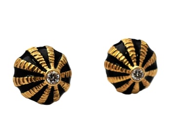 Tiffany Co Schlumberger Taj Mahal Fine Diamond Black Enamel 18k Gold Stud Earrings