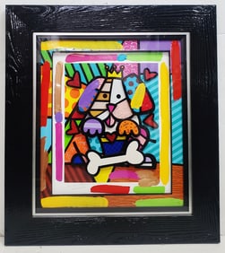Romero Britto Dog with Bone II 3D Hand Embellished Painting Serigraph Park West COA