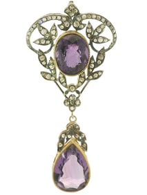 Amethyst Rose Cut Diamond Sterling Silver Gilt 14k Gold Long Art Nouveau Revival Dangle Drop Pendant