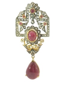 Natural Ruby Rose Cut Diamond Sterling Silver Gilt 14k Gold Art Nouveau Deco Revival Dangle Pendant