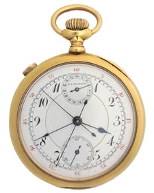 Extraordinary Split Second Rattrapante Chronograph 18K Gold Stauffer Pocket Watch