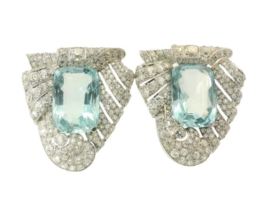 Approx 14ctw Old Cut Diamond Victorian Platinum Clips w/ Approx 50ctw Fine Quality Aquamarine