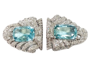 Approx 14ctw Old Cut Diamond Victorian Platinum Clips w/ Approx 50ctw Fine Quality Aquamarine