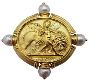 Huge Seidengang 18k Gold Cupid and Lion 9mm Cultured Pearl Ladies Brooch Pin