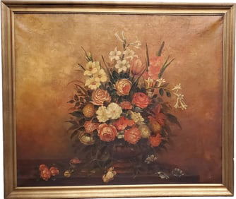 Signed WH Smith 1934 Vintage Large Floral Still Life Flower Arrangement Oil Painting