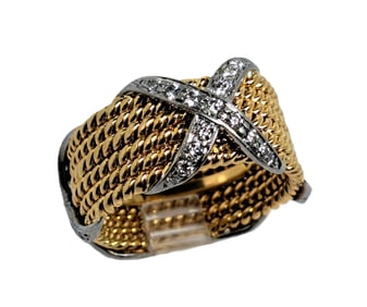 Unusual Size 8.25 Tiffany Schlumberger 18k Gold Platinum Diamond X Ring w/ Box