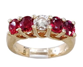 Bright Red Ruby Fine White Diamond Heavy 14k Gold Ladies Classic 5 Stone Band Ring w/ GIA Report