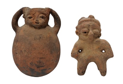 Lot of 2 Pre-Columbian Pottery Figural Pitcher Jug Standing Statue Terracotta Clay Pots Mesoamerican
