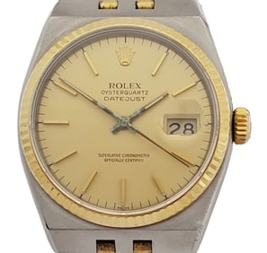 Rolex Oysterquartz Datejust 17013 Gold SS Mens Watch Box Papers Tags Full Kit