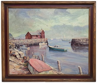 John E. Hesse Ships In Harbor Seascape Oil On Linen Canvas Large Framed Painting