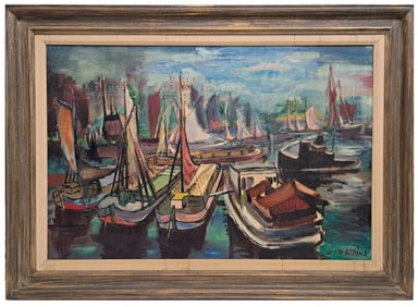 David Atkins Mid Century Original Riverboats Ships Sailboats Seascape Oil On Canvas Painting