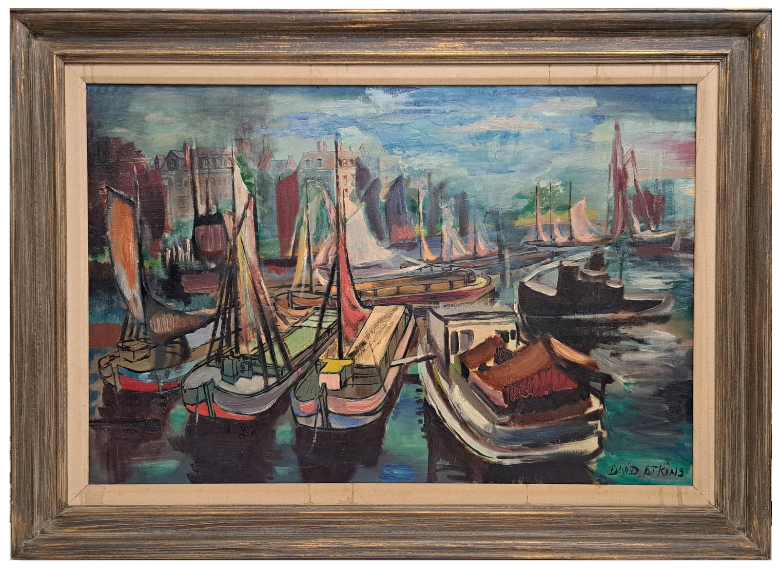 David Atkins Mid Century Original Riverboats Ships Sailboats Seascape Oil On Canvas Painting: Described By:Dillon 66924 NFDD Title:David Atkins Mid Century Original Riverboats Ships Sailboats Seascape Oil On Canvas Painting Description: David Atkins Mid Century Original Riverboats Ships Sailbo