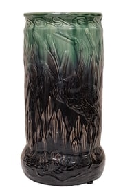 Weller Pottery Gloss Green Umbrella Stand Decorated w/ Cattails and Crane c. 1910 Unsigned