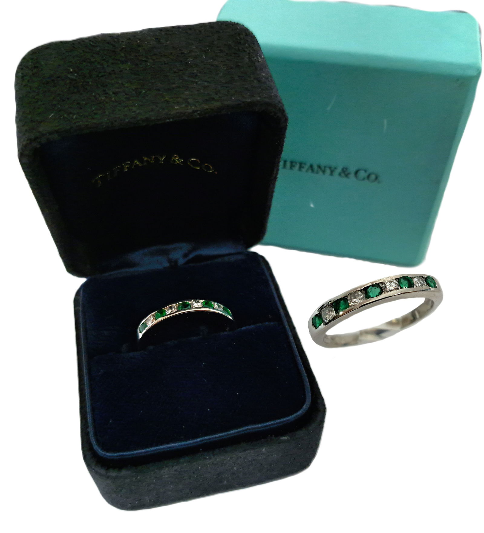 Tiffany & Co Platinum Natural Emerald Fine Diamond Half Eternity Band Ring (1 of 4)