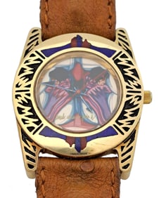 Rare Ltd Ed Native American 18k Gold Mens Enamel Pena Surrisi Wrist Watch W Orig Box