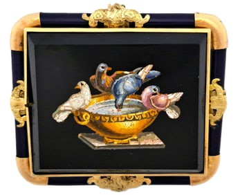 Exquisite Victorian Micro Mosaic 14K Gold Blue Enamel Bird Dove Brooch Pin