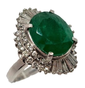 5.15ctw Massive Natural Emerald .95ctw Baguette Round Diamond Accent Vintage Platinum Ring
